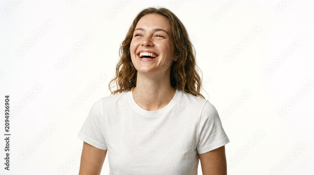 Fototapeta premium Cheerful young woman with curly brown hair laughing and looking up happily against a white background