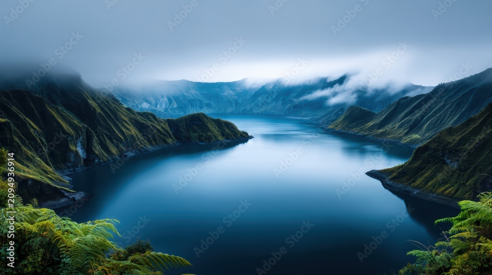 Obraz premium Stunning tranquil crater lake surrounded by lush green mountains under a dramatic misty sky
