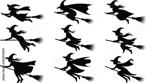 Konstfotografi Witches flying flat vector illustration collection