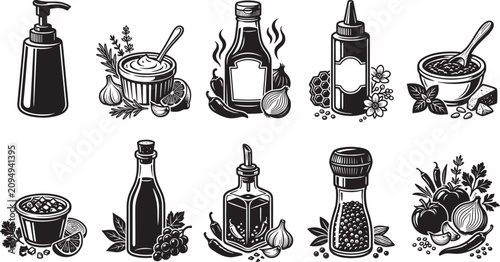 Fotografía Cooking sauces condiments and dressings black and white icon set ketchup mustard