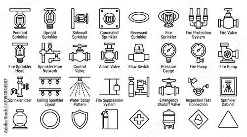 Foto Fire Sprinkler System Line Icon Set with Sprinkler Heads Pipe Network Valves Fir