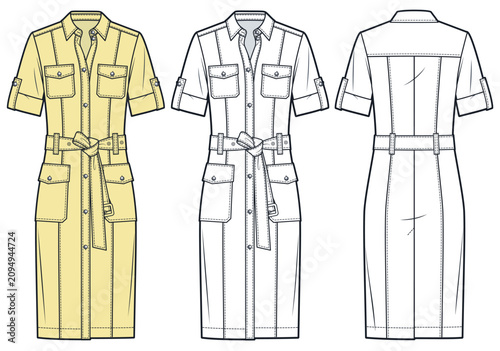 Women Safari Shirt Dress Fashion Flat Technical Drawing Template, Yellow, Front and Back View with Outline, Dress CAD Mockup