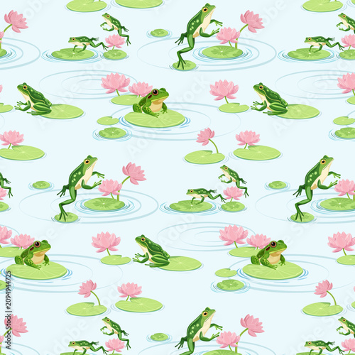Green frogs jump on water lilies.Vector seamless pattern with green frogs jumping in a pond with pink lilies.