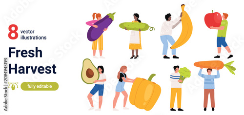 Collection of people carrying oversized eggplant, cucumber, banana, apple, avocado, pepper, broccoli and carrot in a fresh harvest set isolated on white background vector illustration