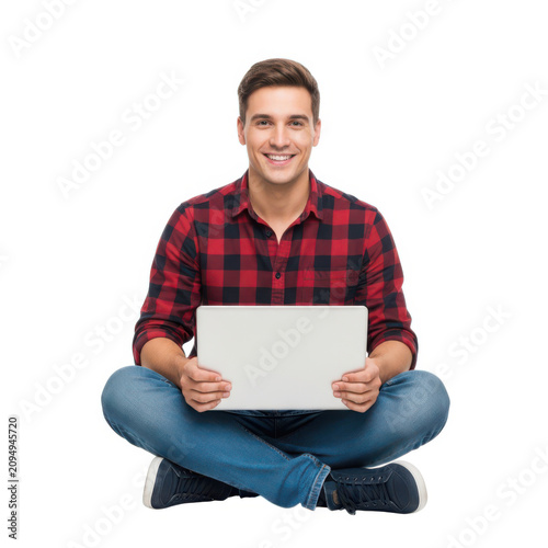 A smiling man sitting cross-legged with a laptop on a white background.