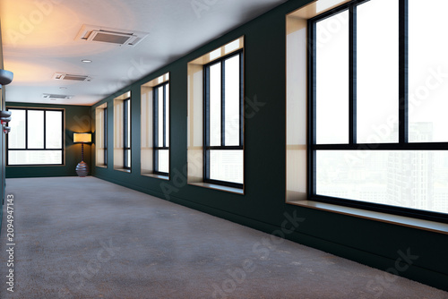 Bild auf Leinwand Long empty corridor interior with dark green walls, row of large black framed windows with city view, beige carpet floor and standing lamp