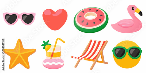 Obraz na płótnie Summer vacation themed vector illustrations with sunglasses starfish and waterme
