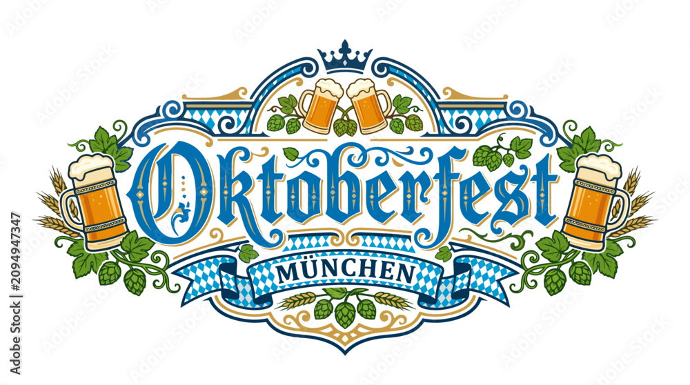 Obraz premium Oktoberfest logo with beer mugs and decorative elements in blue 