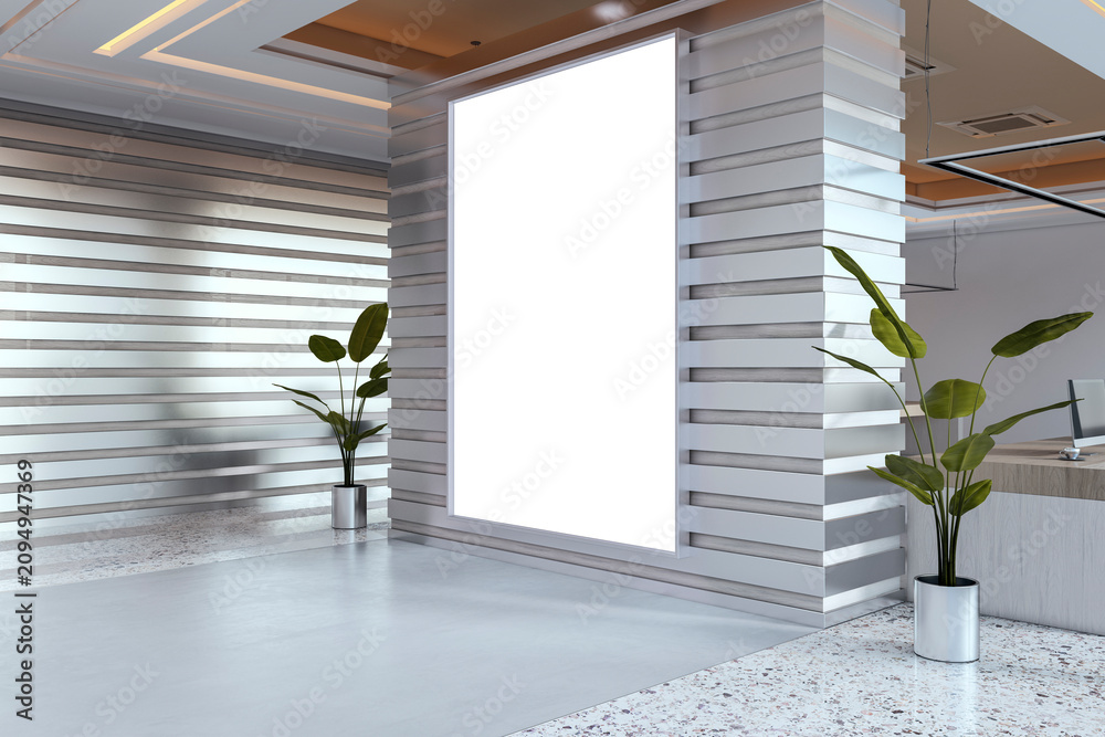 Obraz premium Vertical blank lightbox poster mockup on metal slatted wall in modern lobby interior with green plants and reception desk. 3D Rendering