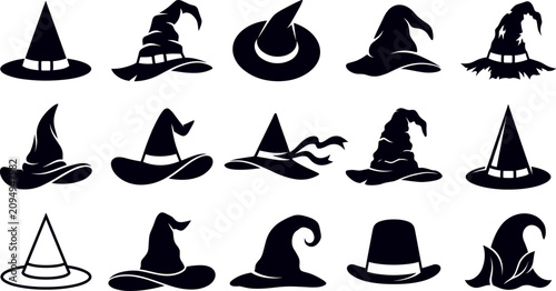 Foto Witch hat silhouette set with ribbons halloween wizard sorcerer headwear element