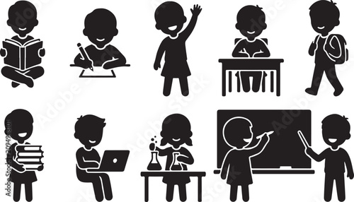 Foto Set of black silhouette depicting children engaged in various school activities