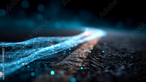 Abstract light path of digital data flowing over a dark textured surface