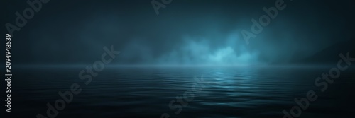 A dark, tranquil ocean surface at night with calm, rippling water reflecting faint blue light, shrouded in thick, mysterious fog and low-hanging clouds under a dim, ethereal atmosphere
