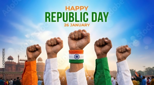Republic day celebrations in india with raised fists and indian flag