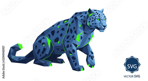 Low poly geometric leopard in blue and neon green