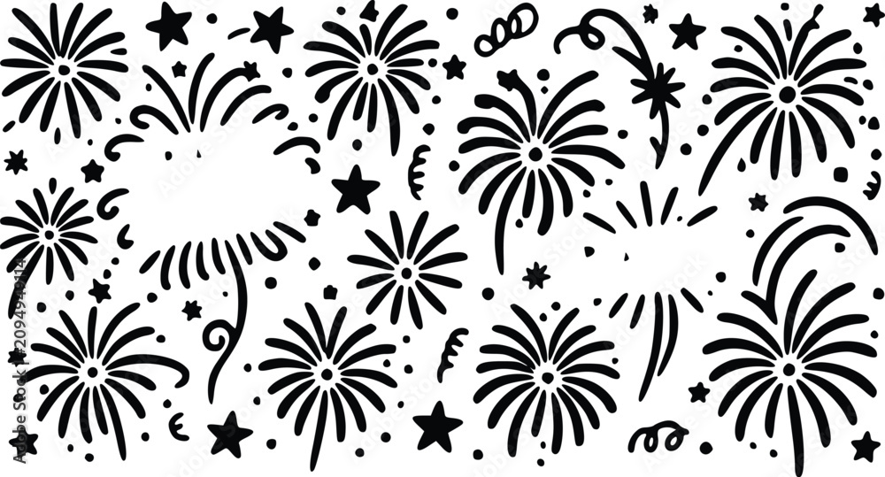 Fototapeta premium A festive vector illustration featuring hand drawn firework bursts with scattered stars and confetti for a vibrant celebratory graphic design