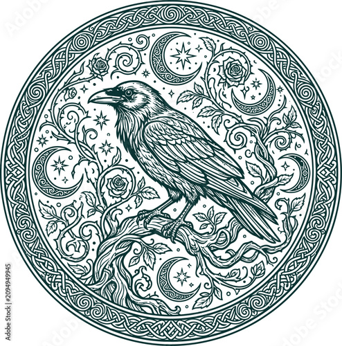 Raven sitting on branch in celtic circle