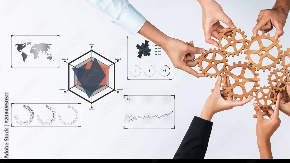 Obraz premium Team Collaboration and Planning with Gears and Charts on a White Background for Business Strategy and Project Management Gluon.