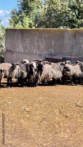 Sheep gather closely together in a pen on a sunny day. The farm is located in a rural area with greenery seen in the background.