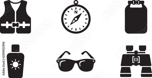 Set of six outdoor adventure icons including life jacket, compass, binoculars and sunscreen Vector