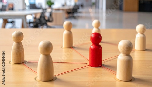 Central red figurine connecting group network symbolizing leadership communication