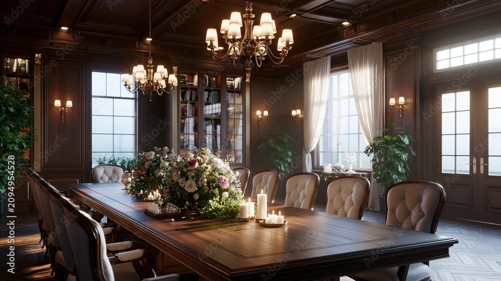 Fototapeta premium Elegant dark wood dining room with large table set for formal event during soft daylight