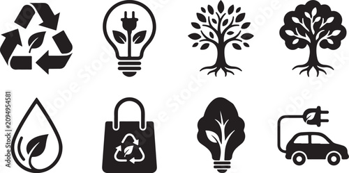 Black and white eco friendly recycling and energy saving icons set Vector