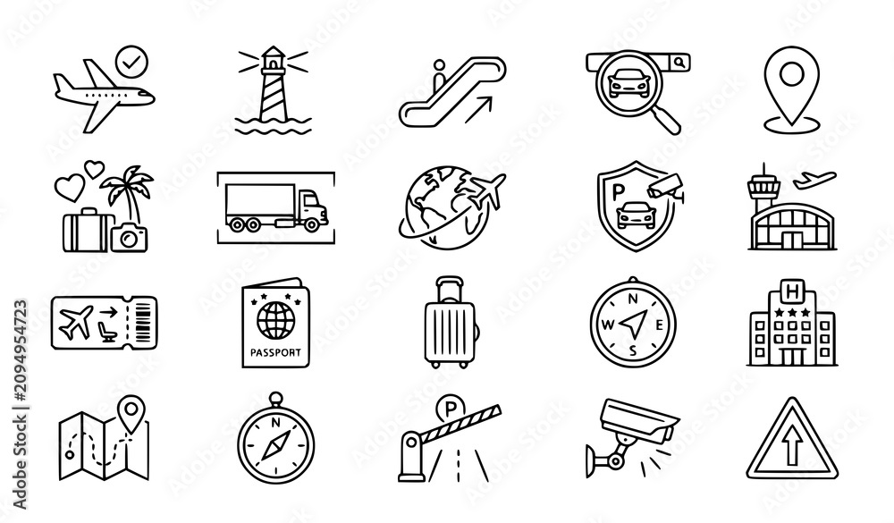 Fototapeta premium Travel transportation and navigation line icon set vector