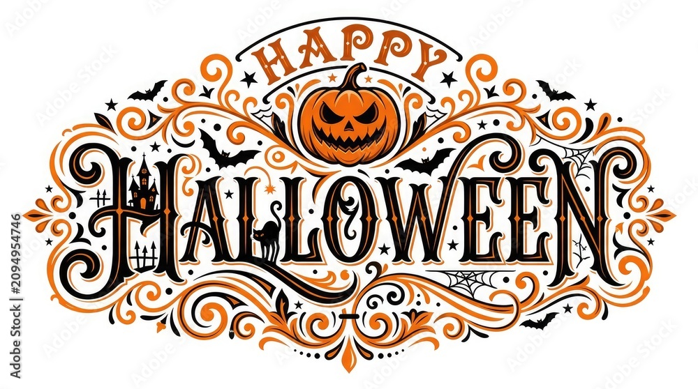 Obraz premium Ornate happy halloween typography with jack o' lantern and spooky elements