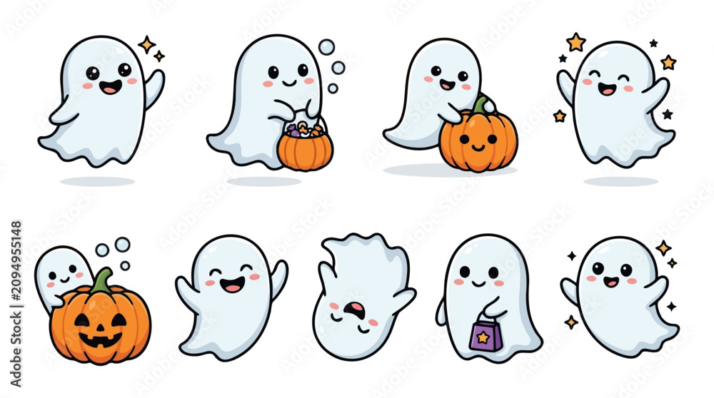 Fototapeta premium A set of cute cartoon ghosts and pumpkins for Halloween decoration