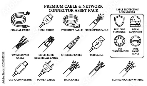 Cuadro en lienzo Electrical and network cable line art vector icon set
