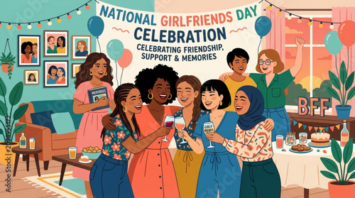 National Girlfriends Day celebration, friendship support concept, diverse women friends party, social gathering illustration