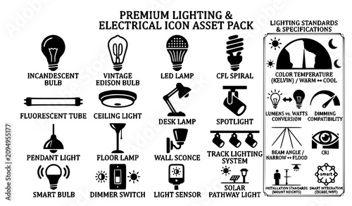 Cuadro en lienzo Lighting fixture silhouette vector icon collection
