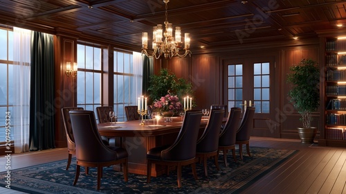 Elegant mahogany dining room with a large table set for a formal meal during twilight with warm chandelier lighting