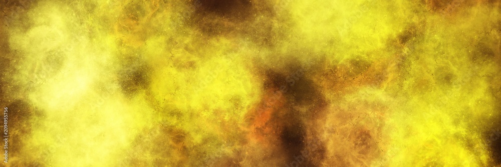Fototapeta premium Bright lemon yellow and dark olive green smoky haze on black. Wide atmospheric grunge banner for toxic, chemical, and retro pop art. 