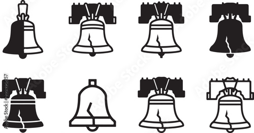 Black and white cracked liberty bell icons in various styles Vector