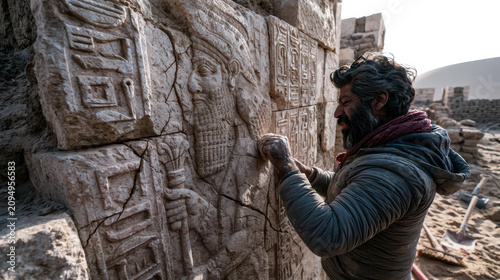 Archaeologist Restoring Ancient Stone Relief with Hieroglyphs at Desert Dig Site, Bright Sky and Dunes.