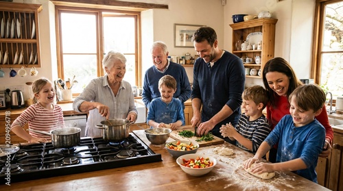family cooking together in kitchen.