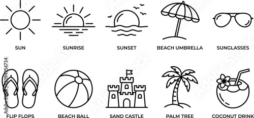 Minimalist summer beach elements icon set featuring vacation symbols in clean black line art.