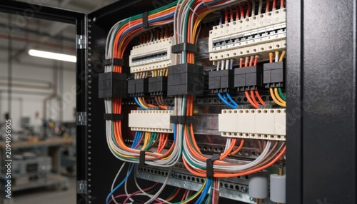 Medium shot of a recently assembled control panel wiring harness showing organized cable routing inside an open cabinet during initial installation.