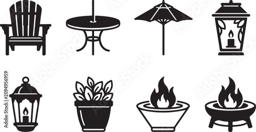 Black and white outdoor patio furniture and decor icons set Vector