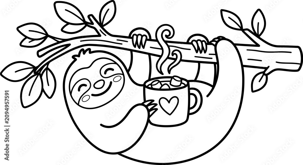 Obraz premium Cute baby hanging from a tree branch. Infant holding a cup of milk. Adorable child enjoying outdoor play