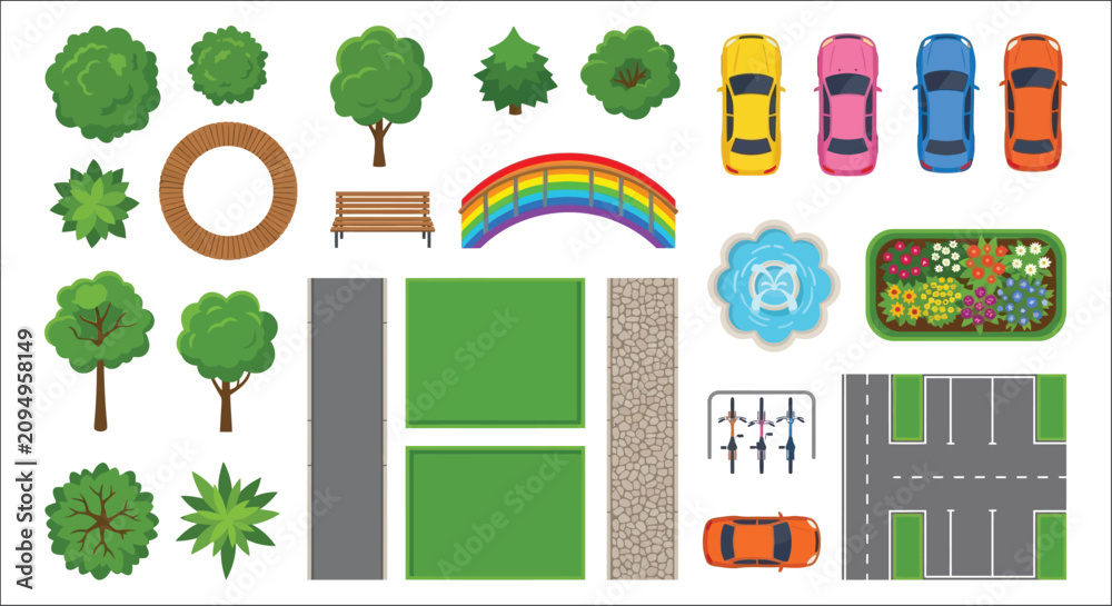 Obraz premium Collection of colorful vector illustrations depicting trees pathways vehicles and park elements on a white background