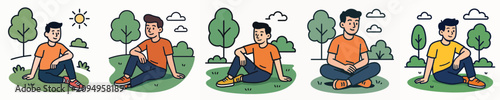 Set of vector illustrations of young people sitting in a park.