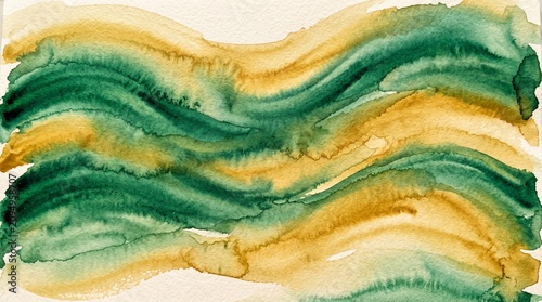 Abstract Watercolor Background with Flowing Organic Waves in Shades of Forest Green and Ochre Yellow Creating a Calming Artistic Texture Suitable for Creative Design Projects and Decorative Wall Art