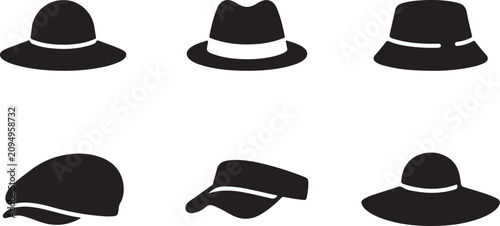 Foto Six different black flat cap and hat icons in a row Vector