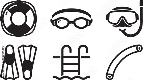 Foto Black and white swimming and diving equipment icons set Vector