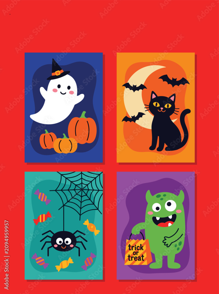 Fototapeta premium Halloween Mini Cards Collection with Cute Ghost Cat Spider and Monster