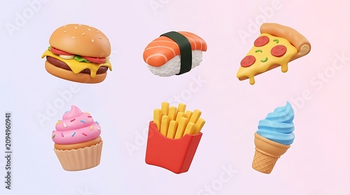 Set of 3D icons featuring fast food items like burger pizza sushi cupcake french fries and ice cream cone