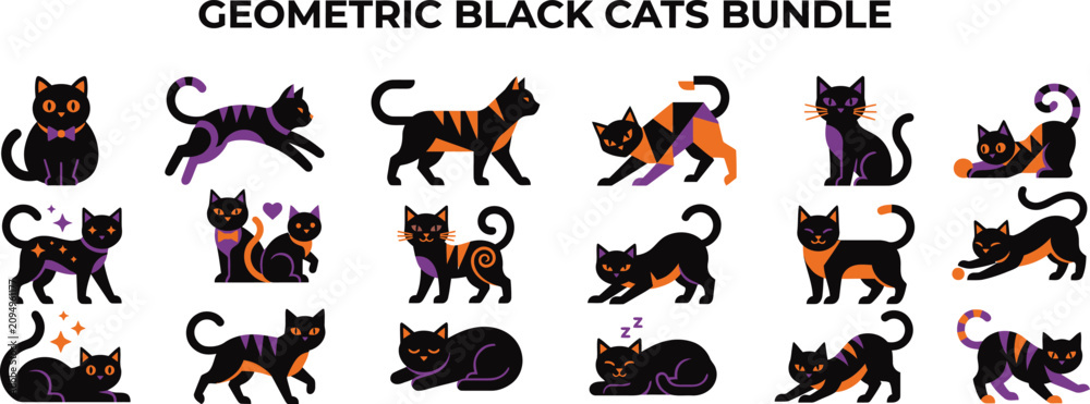 Obraz premium Halloween black cats collection geometric designs for oct 31 celebrations
